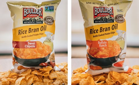 Boulder Canyon Authentic Foods®, is expanding its line of Rice Bran Oil Kettle Cooked Potato Chips with two new flavors, Buffalo Ranch and Sweet Chipotle. Boulder Canyon Authentic Foods®, is expanding its line of Rice Bran Oil Kettle Cooked Potato Chips with two new flavors, Buffalo Ranch and Sweet Chipotle.