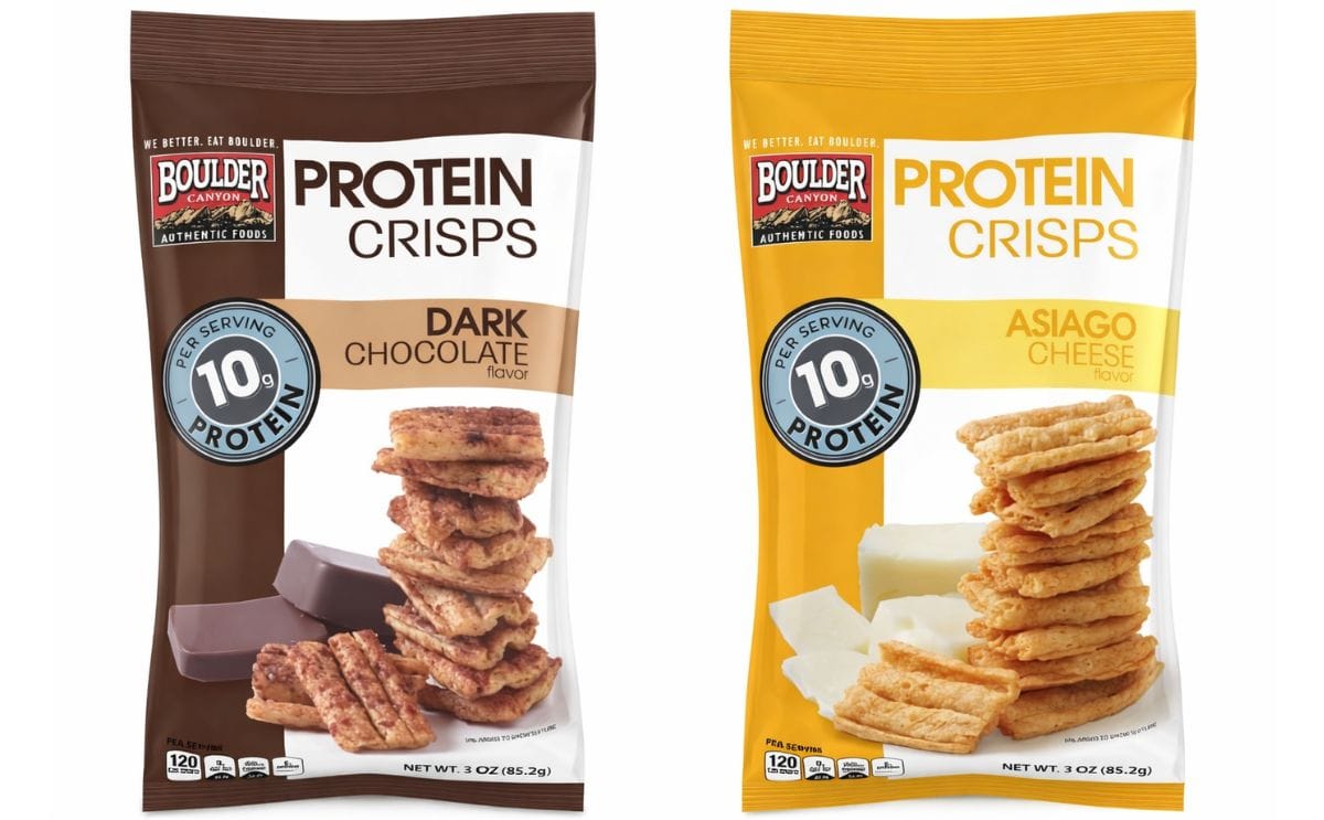 Boulder Canyon Protein Crisps are available in two flavors, Dark Chocolate (left) and Asiago Cheese (right)