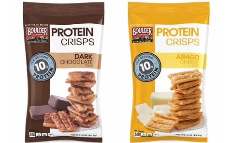 Boulder Canyon Protein Crisps are available in two flavors, Dark Chocolate (left) and Asiago Cheese (right) Boulder Canyon Protein Crisps are available in two flavors, Dark Chocolate (left) and Asiago Cheese (right)