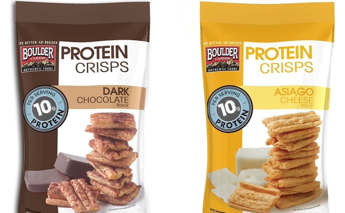Boulder Canyon Protein Crisps are available in two flavors, Dark Chocolate (left) and Asiago Cheese (right)
