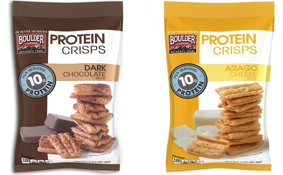 Boulder Canyon Protein Crisps are available in two flavors, Dark Chocolate (left) and Asiago Cheese (right)