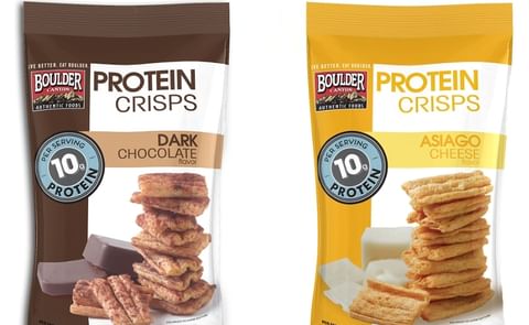 Boulder Canyon Protein Crisps are available in two flavors, Dark Chocolate (left) and Asiago Cheese (right) Boulder Canyon Protein Crisps are available in two flavors, Dark Chocolate (left) and Asiago Cheese (right)