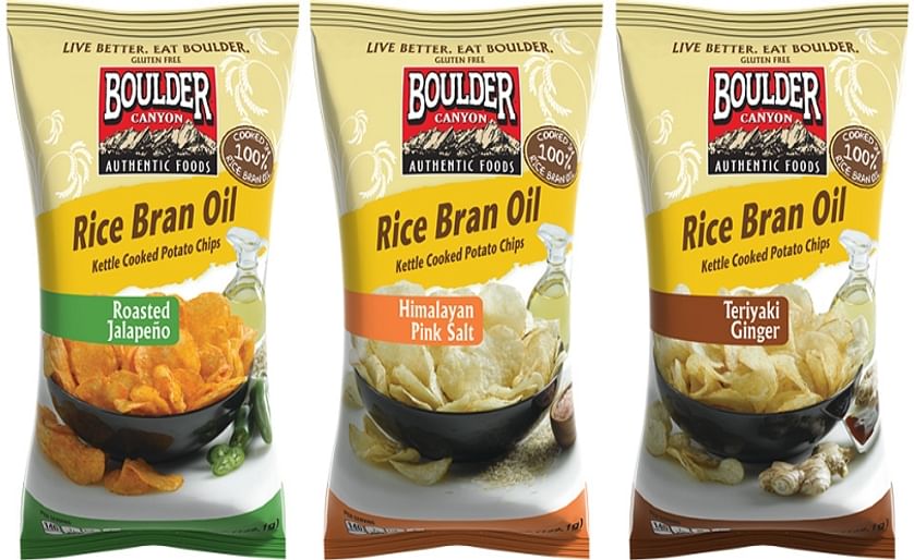 Boulder Canyon™ expands its line of potato chips cooked in unique oils with the introduction of Rice Bran Oil Kettle Cooked Potato Chips. The chips are available in three different flavors: Roasted Jalapeno, Himalayan Pink Salt and Teriyaki Ginger.