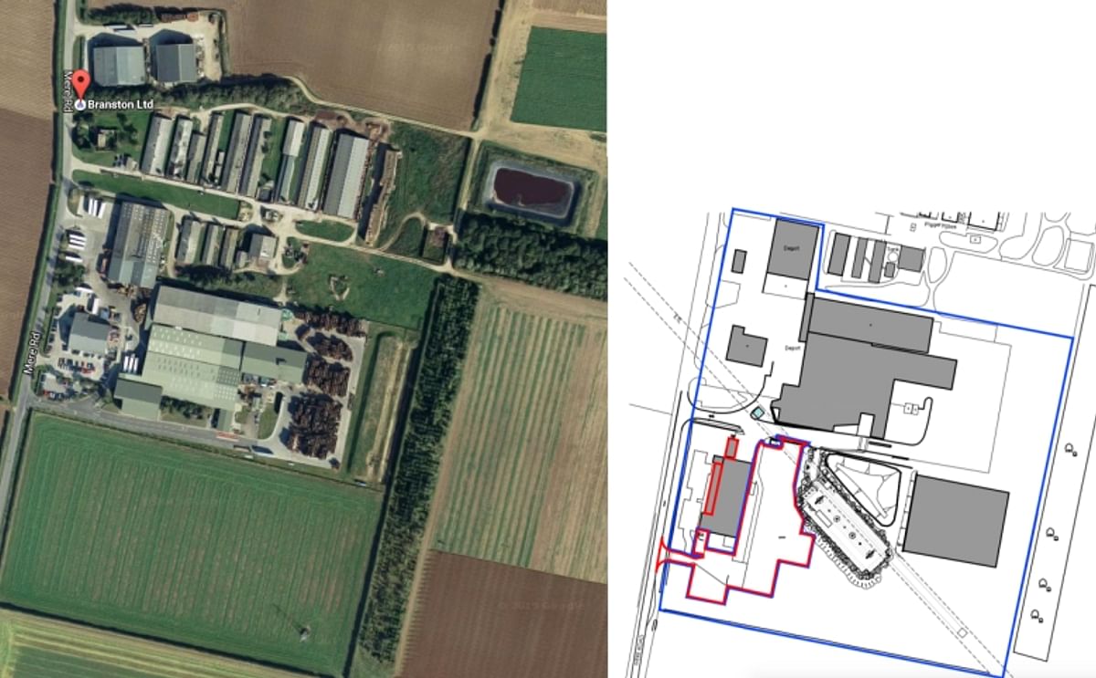 Current buildings (left) as per Google Maps and a drawing of the new situation at the southern part of the current site with the expansion further South (right) as per the Lincolnite.