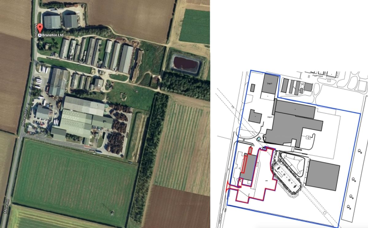 Current buildings (left) as per Google Maps and a drawing of the new situation at the southern part of the current site with the expansion further South (right) as per the Lincolnite.