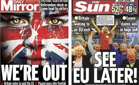 Some of this morning headlines (Daily Mirror, left; Sun , right) informing their readers that the UK has voted to leave the EU Some of this morning headlines (Daily Mirror, left; Sun , right) informing their readers that the UK has voted to leave the EU