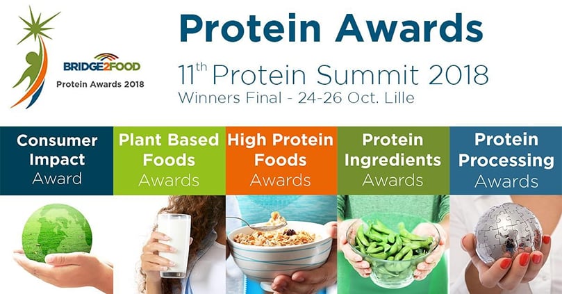 The Bridge2Food Protein Awards were presented during the 11th Protein Summit 2018 held October 24-26 in Lille, France The Bridge2Food Protein Awards were presented during the 11th Protein Summit 2018 held October 24-26 in Lille, France