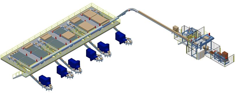 Buffer tables on the left are placed in the cooled freezer area the palletiser and wrapper on the right are located outside of it