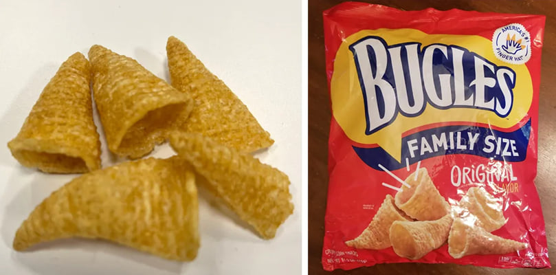 A closeup of Tongari Corn, left, shows how similar the Japanese snack looks to Bugles, something that's often used in nuts and bolts — a salty, crunchy snack recipe that many Canadians make over the holidays. A closeup of Tongari Corn, left, shows how similar the Japanese snack looks to Bugles, something that's often used in nuts and bolts — a salty, crunchy snack recipe that many Canadians make over the holidays.