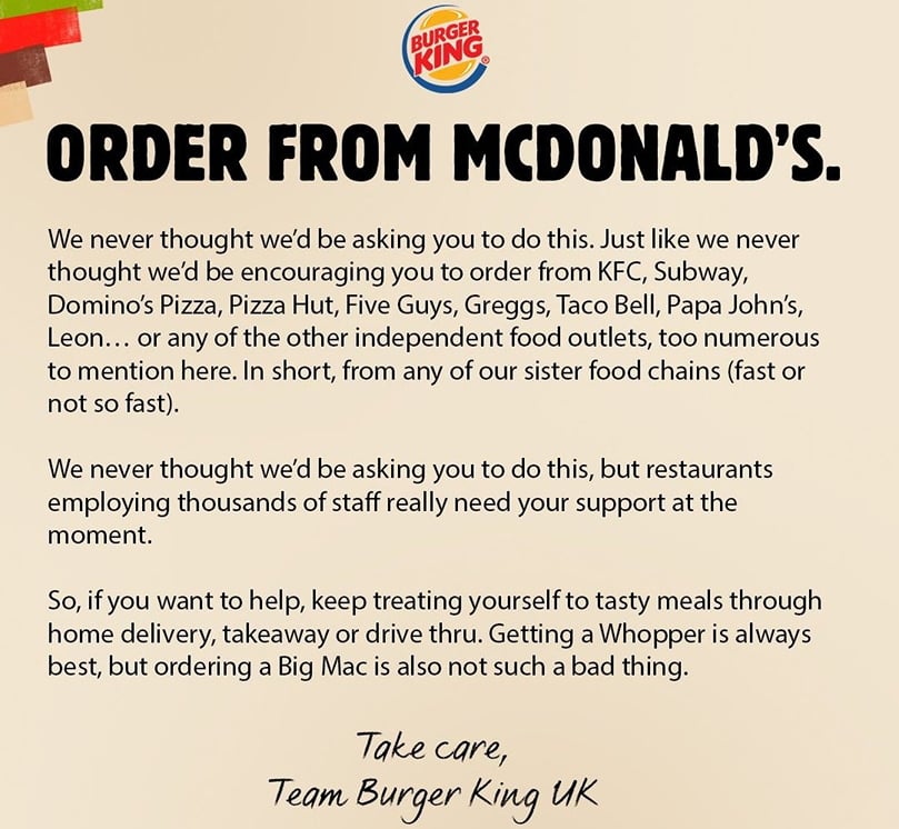 Out of character, Burger King asks its fans to 'order from McDonald's' (Courtesy: Burger King on Twitter) Out of character, Burger King asks its fans to 'order from McDonald's' (Courtesy: Burger King on Twitter)