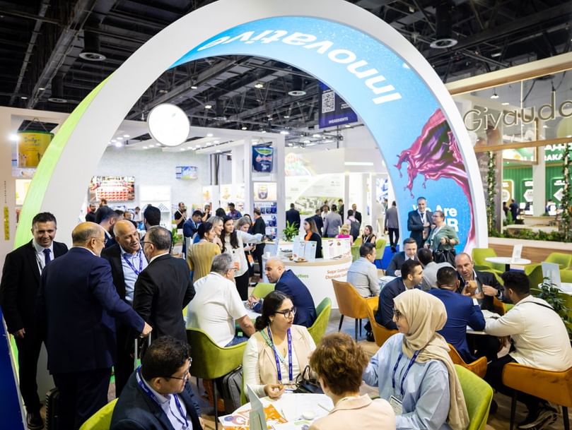 Industry professionals connect under the ‘Innovation’ pavilion at Gulfood Manufacturing 2025, highlighting Dubai’s role as the global hub for food technology and investment.