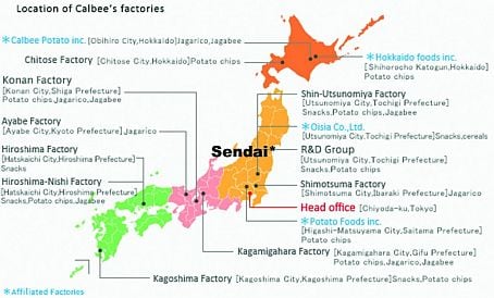 The location of the Calbee factories in Japan Calbee factories