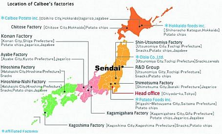 The location of the Calbee factories in Japan Calbee factories