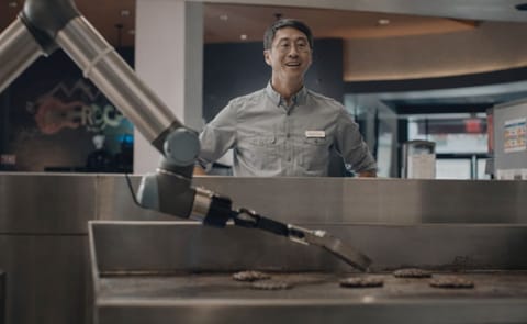 Flippy - a burger-flipping robot with artificial intelligence - will be flipping burgers in the kitchens of QSR chain CaliBurger starting early 2018. Flippy - a burger-flipping robot with artificial intelligence - will be flipping burgers in the kitchens of QSR chain CaliBurger starting early 2018.