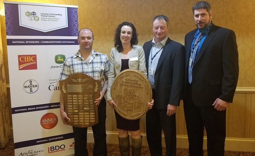 Robert Anderson (far left) and Jill Ebbett of East Glassville, N.B. have been named Atlantic’s Outstanding Young Farmers.