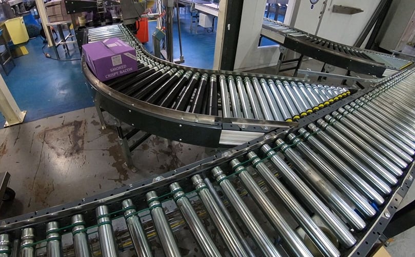 Cases of potato products from 8 production lines enter the system on roller conveyors Cases of potato products from 8 production lines enter the system on roller conveyors