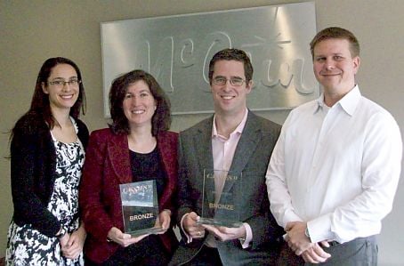 Cassie Awards for McCain Foods (Canada) Sweet Potato Superfries advertisement: Members of McCain Foods (Canada)’s marketing team display the two Bronze CASSIE Awards won for the TV ad launching the company’s Sweet Potato Superfries® varieties. L-R: Elizabeth O’Neill, Brand Manager, Retail Potatoes, Heather Crees, Vice President, Marketing, Michael O’Brien, Marketing Director, Potatoes/Appetizers, and Paul Tralla, Senior Brand Manager, Food Service Potatoes. Cassie Awards for McCain Foods (Canada)Sweet Potato Superfries advertisement