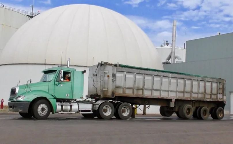 After most of the waste is converted into gas, the remaining material - about a truckload a day - is turned into fertilizer. After most of the waste is converted into gas, the remaining material - about a truckload a day - is turned into fertilizer.