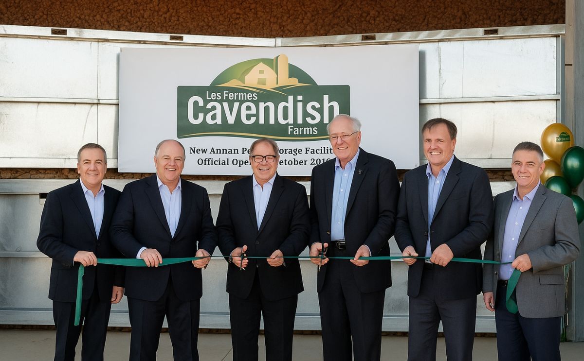 Pictured at the ribbon cutting in front of the new Cavendish Farms potato storage facility in New Annan, Prince Edward Island are, from left to right: Ron Clow, General Manager and Senior Vice President of Cavendish Farms; Robert K. Irving, President of C