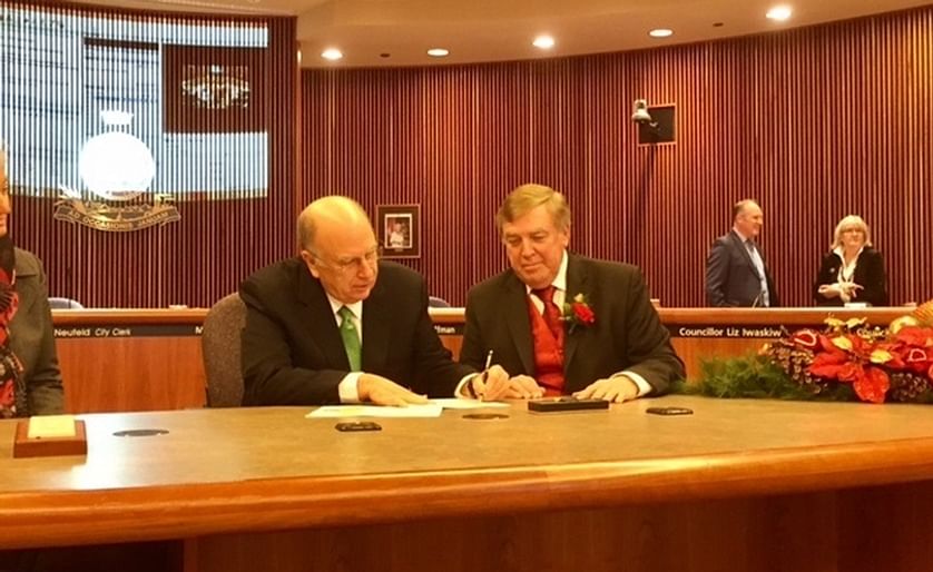 Official land sale signing with President of Cavendish Farms, Robert K. Irving (left) and Lethbridge Mayor Chris Spearman (right).