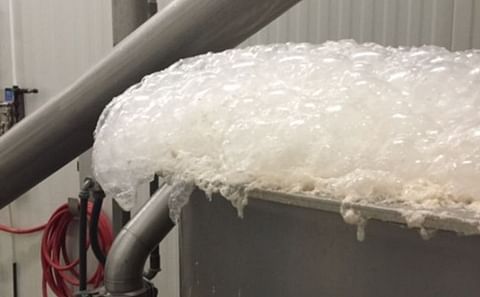 As water flows through a food processing facility, air becomes increasingly entrained within its volume. Once air makes its way to the surface, foam begins to form and grow.