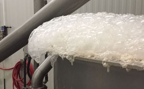 As water flows through a food processing facility, air becomes increasingly entrained within its volume. Once air makes its way to the surface, foam begins to form and grow. As water flows through a food processing facility, air becomes increasingly entrained within its volume. Once air makes its way to the surface, foam begins to form and grow.