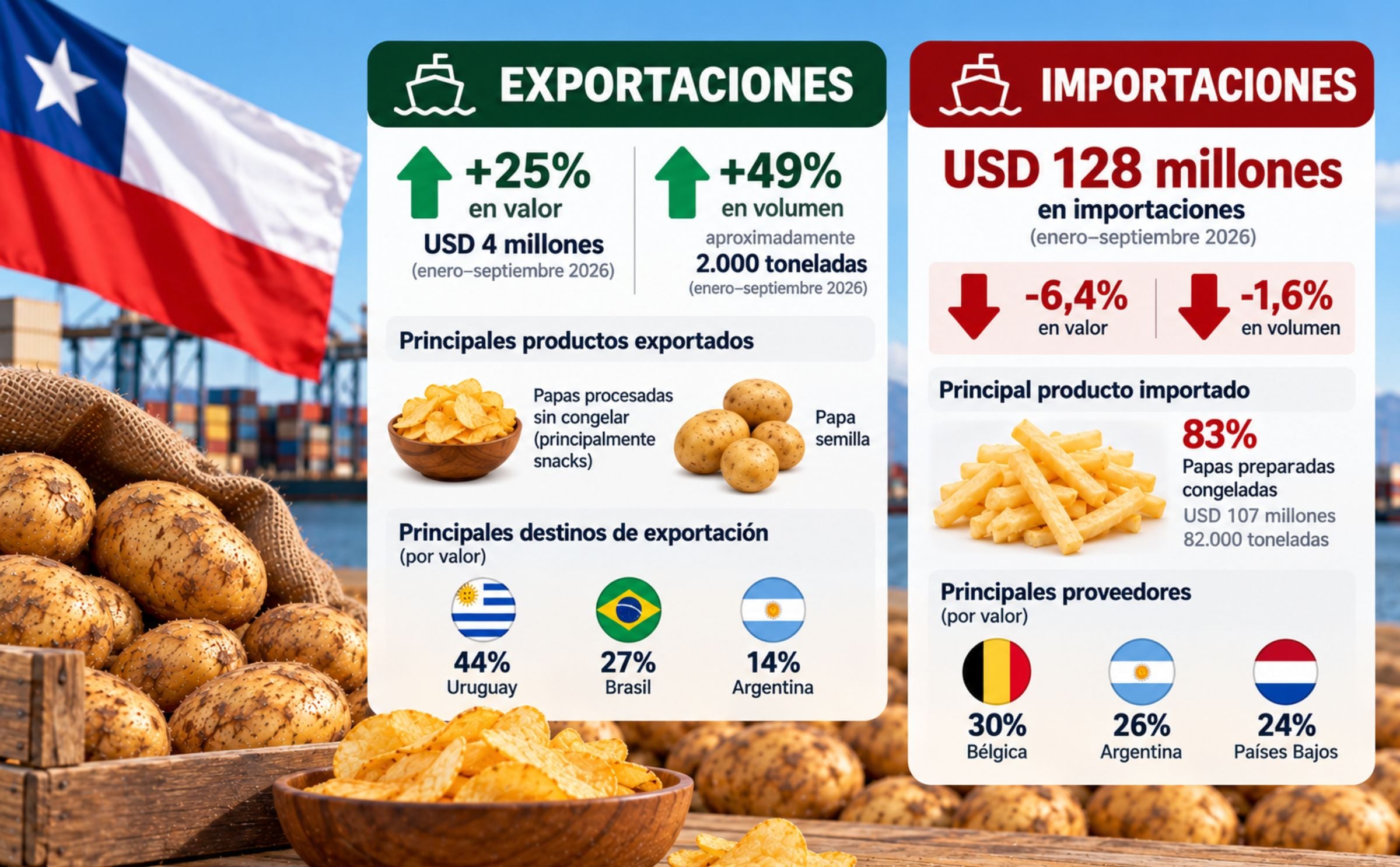 Las exportaciones chilenas de papa crecieron un 25%, mientras las importaciones alcanzaron USD 128 millones. (Ilustración generada con IA por PotatoPro)