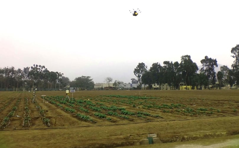 David Ramirez. Octacopter (drone) acquiring images of the canopy of potato stand at CIP experimental station. David Ramirez. Octacopter (drone) acquiring images of the canopy of potato stand at CIP experimental station.