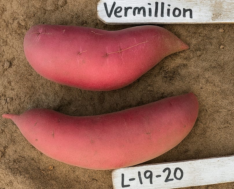 Color comparison of Vermillion, top, to a new experimental variety L-19-20 Color comparison of Vermillion, top, to a new experimental variety L-19-20