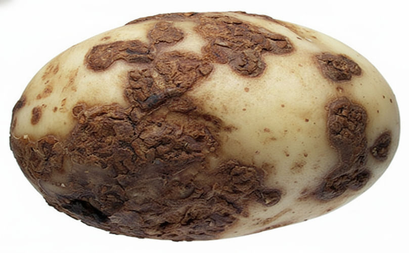 Potato tuber exhibiting typical corky lesions from common scab infection. Potato tuber exhibiting typical corky lesions from common scab infection