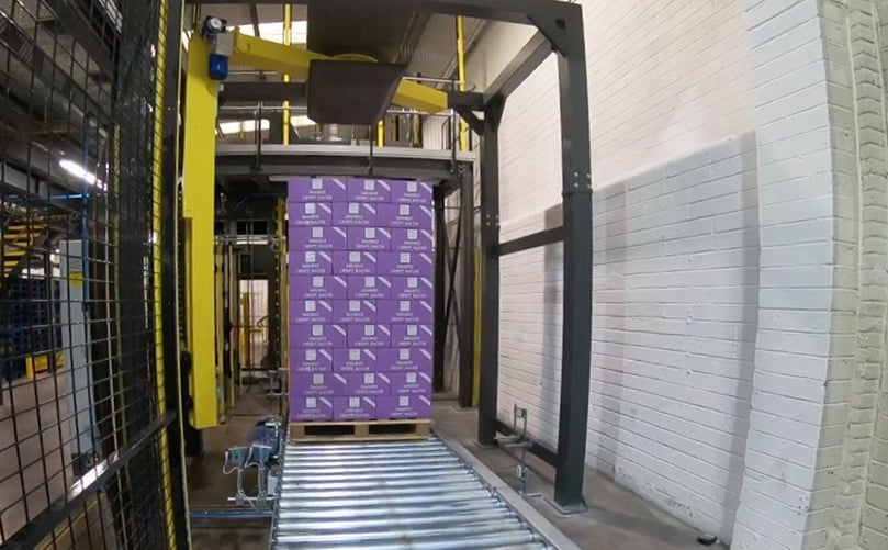 Completed pallet stack is wrapped in a stretch wrapper and labelled Completed pallet stack is wrapped in a stretch wrapper and labelled