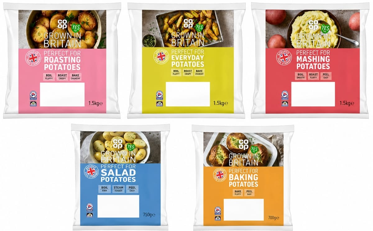 Co-op has introduced new 'best of season' potato packs featuring British-grown varieties selected for roasting, mashing, baking, salad and everyday cooking applications. Co-op has introduced new 'best of season' potato packs featuring British-grown varieties selected for roasting, mashing, baking, salad and everyday cooking applications.