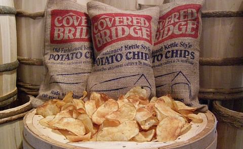 Covered Bridge Potato Chips turn heads with burlap packaging Covered Bridge Potato Chips turn heads with burlap packaging