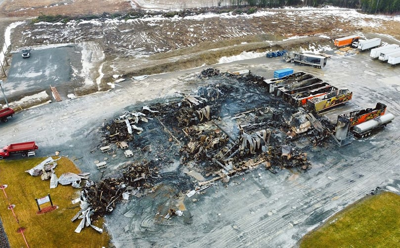 Aerial view of what is left of the Covered Bridge Potato Chip Company after the fire (Courtesy: Dustin Culberson) Aerial view of what is left of the Covered Bridge Potato Chip Company after the fire (Courtesy: Dustin Culberson)