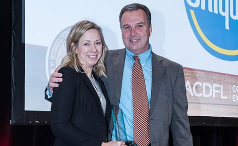 Jennifer Harris, director of marketing for Mid-Isle Farms, Prince Edward Island, receives the 2016 Mary Fitzgerald Award from Chiquita zone manager Les Mallard at the 91st Annual CPMA Convention and Trade Show in Calgary, Alberta
(Courtesy: Canadian Prod Jennifer Harris, director of marketing for Mid-Isle Farms, Prince Edward Island, receives the 2016 Mary Fitzgerald Award from Chiquita zone manager Les Mallard at the 91st Annual CPMA Convention and Trade Show in Calgary, Alberta
(Courtesy: Canadian Prod