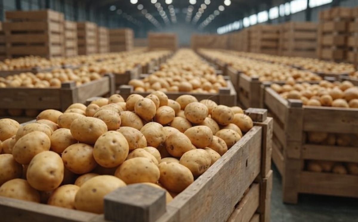 Crates of freshly harvested potatoes inside a cold storage facility, highlighting improved warehousing and logistics that could support NCDEX’s proposed relaunch of potato futures in 2026.