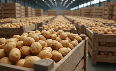Crates of freshly harvested potatoes inside a cold storage facility, highlighting improved warehousing and logistics that could support NCDEX’s proposed relaunch of potato futures in 2026. Crates of freshly harvested potatoes inside a cold storage facility, highlighting improved warehousing and logistics that could support NCDEX’s proposed relaunch of potato futures in 2026.