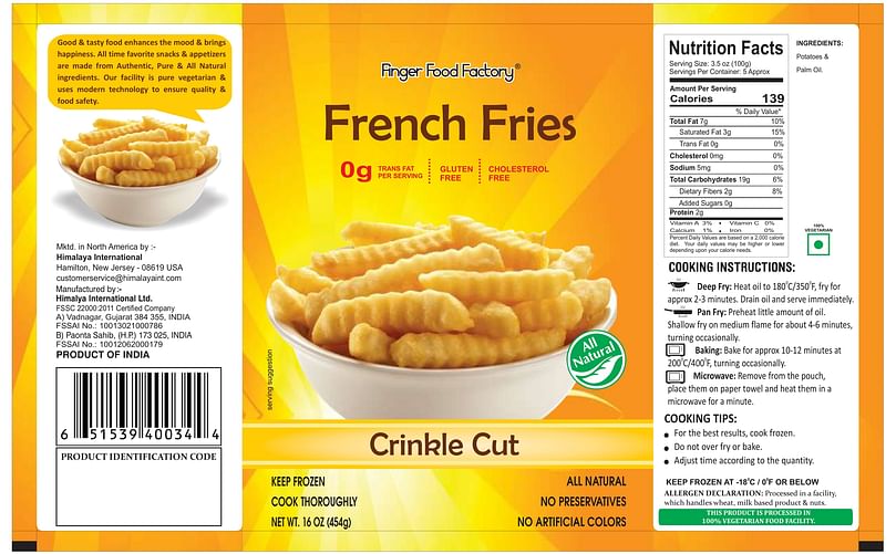 The vibrant packaging of Finger Food Factory's Crinkle Cut French Fries highlights the product's all-natural, gluten-free, and cholesterol-free qualities, appealing to health-conscious consumers in North America.