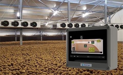 Croptimiz-r MAX in action, managing ventilation and climate control to maintain optimal storage conditions for harvested potatoes. Croptimiz-r MAX in action, managing ventilation and climate control to maintain optimal storage conditions for harvested potatoes.