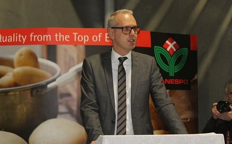 Danespo director Jens Holstborg speaking during the inauguration of the company`s new potato center in Give, Denmark.