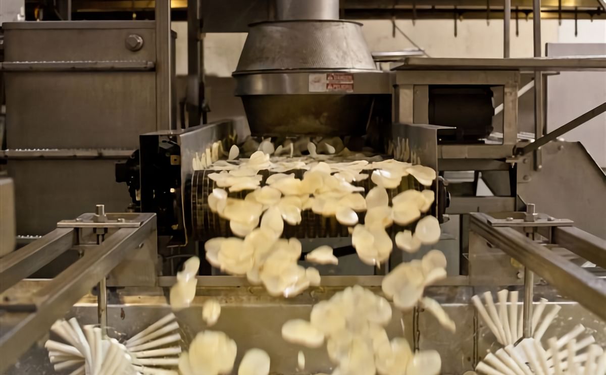 Dieffenbachs thick chips are cut and transfered to the kettle fryer Dieffenbachs thick chips are cut and transfered to the kettle fryer