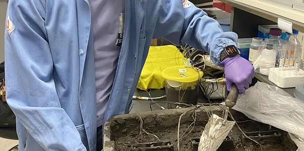 Working in the lab, Northwestern alumnus Bill Yen buries the fuel cell in soil.