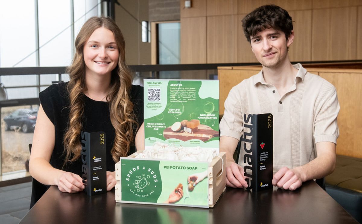 Maggie McNeil and Samuel Harding, co-presidents of Enactus-UPEI display their award-winning potato soap. Maggie McNeil and Samuel Harding, co-presidents of Enactus-UPEI display their award-winning potato soap.