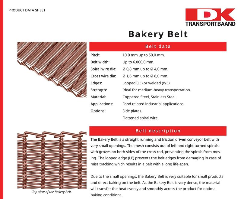  Dk Transportbaaand - Metal Bakery Conveyor Belt Data Sheet 