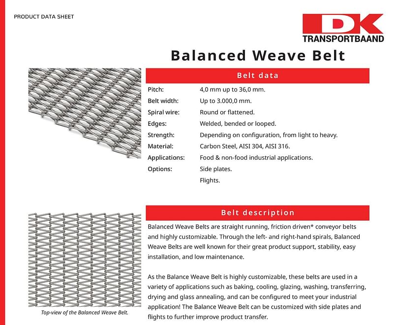  Dk Transportbaaand - Balanced Weave Metal Conveyor Belt Belt Data Sheet 