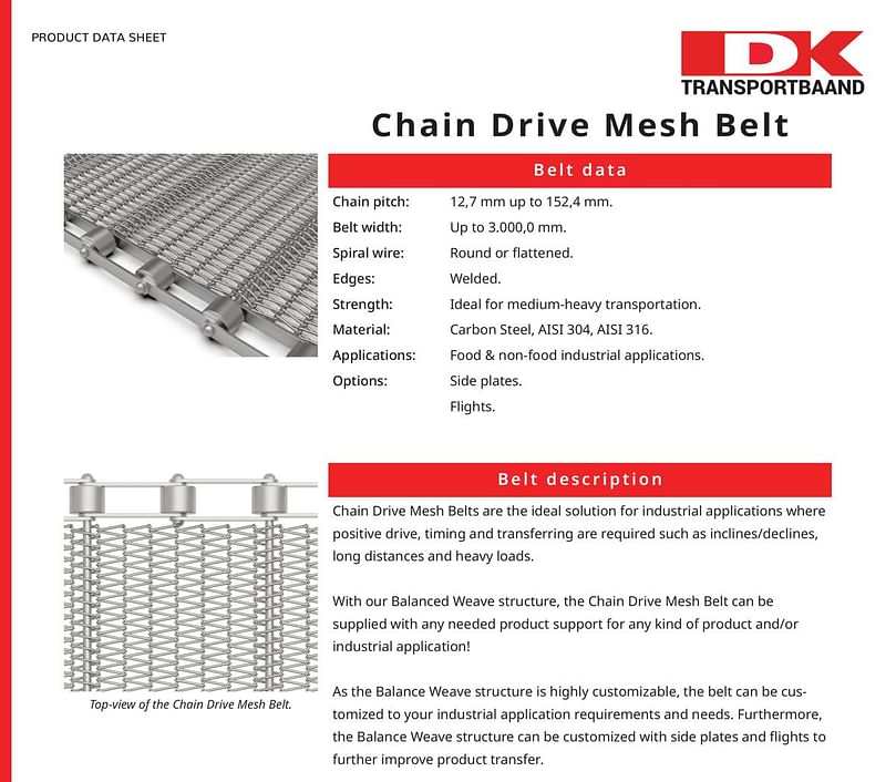  Dk Transportbaaand - Chain Drive Mesh Conveyor Belt Data Sheet 