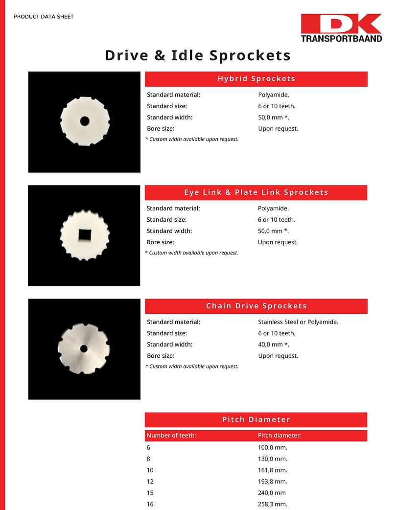 DK Transportbaand Sprocket Series – Drive & Idler Accessories Data Sheet