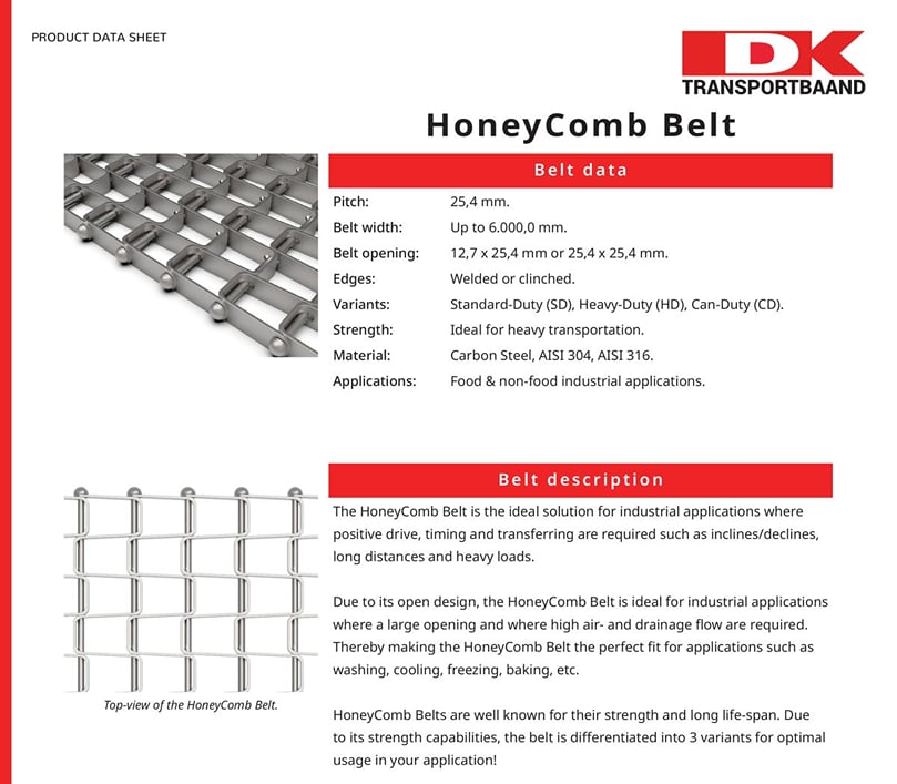 DK Transportbaand - HoneyComb Metal Conveyor Belt Data Sheet 