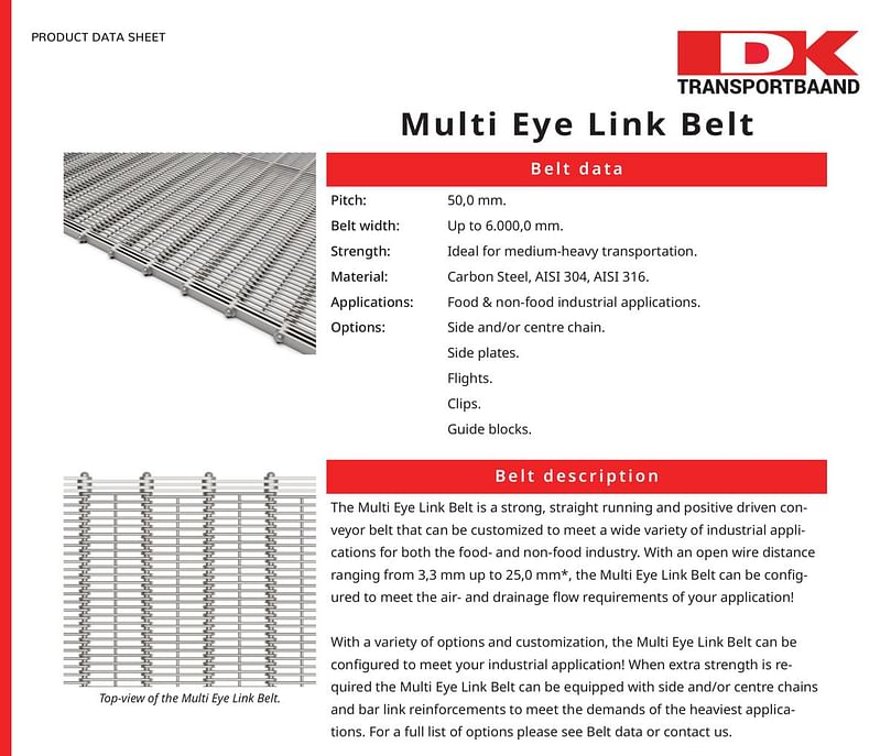  DK Transportbaand Multi Eye Link Metal Conveyor Belt Data Sheet 