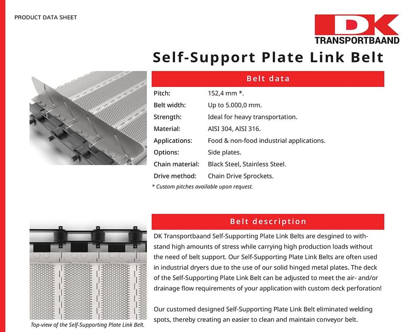  DK Transportbaand - Self-Supporting Plate Link Metal Conveyor Belt Data Sheet 